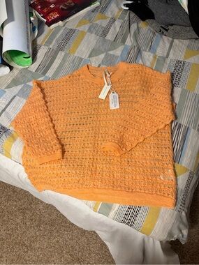Anthropologie Orange Open-Knit Crewneck Sweater